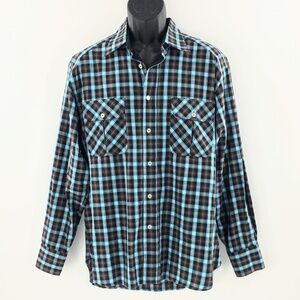 Billy Reid Men Button Up Shirt Brown Blue Plaid Western Cotton Italian Made Sz M